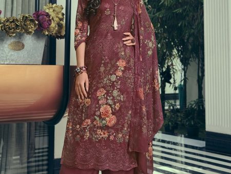 Aastha Fashion Women s Maroon Muslin Floral Digital Print with Resham Embroidery & Cutwork Designer Straight Suit Set Online now