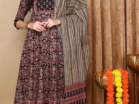 Women s Beige Pure Cotton Floral Printed Flared Style Suit Set - Rasiya Fashion