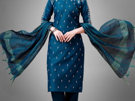 Malishka Women s Embroidered Cotton Blend Kurta Pant Dupatta Set-Blue For Cheap