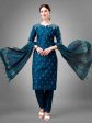 Malishka Women s Embroidered Cotton Blend Kurta Pant Dupatta Set-Blue For Cheap