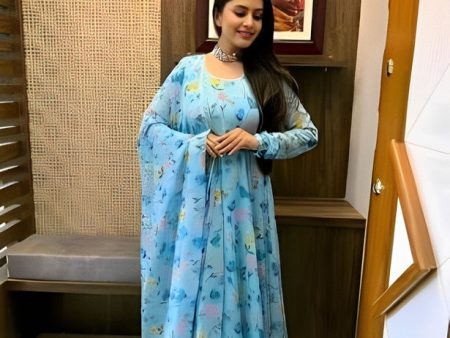 Dishitha Creation Women Floral Printed Designer Gown - Sky Blue Sale