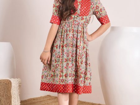 Girls Red Ethnic Motifs Print Empire Midi Dress for Kids - Mini Marvels on Sale