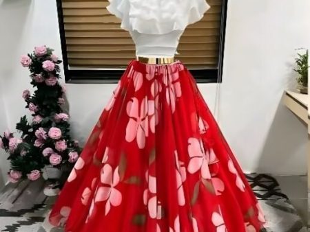 Dishitha Creation Floral Printed Stitched Lehenga & Crop Top - White & Red Cheap