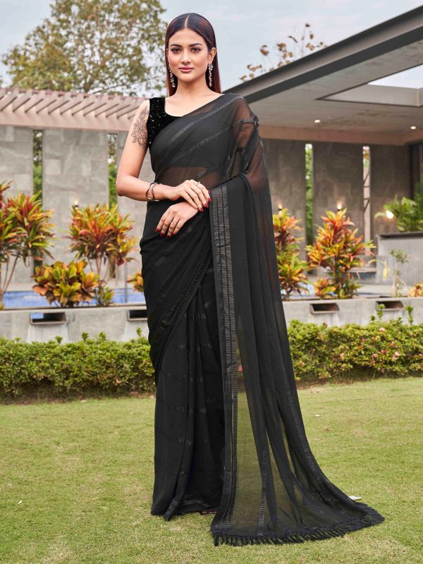 Tikhi Imli Black Striped Sequinned Saree For Discount