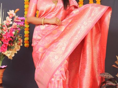 Aastha Fashion Women s Baby Pink Banarasi Silk Zari Woven Saree with Blouse Online now