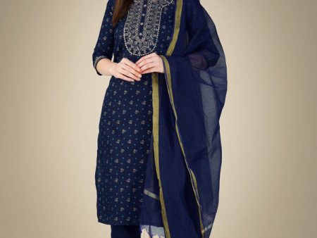 Malishka Women s Embroidered Cotton Blend Kurta Pant Dupatta Set-Dark Blue Online now