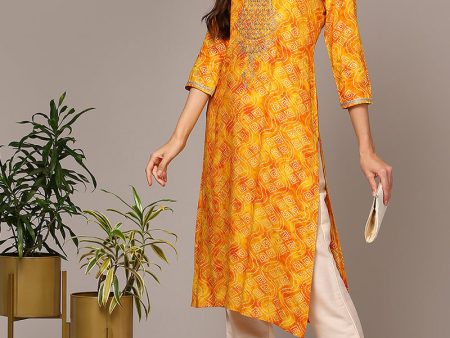 Women s Yellow Viscose Rayon Bandhani Printed Straight Kurta - Rasiya Cheap