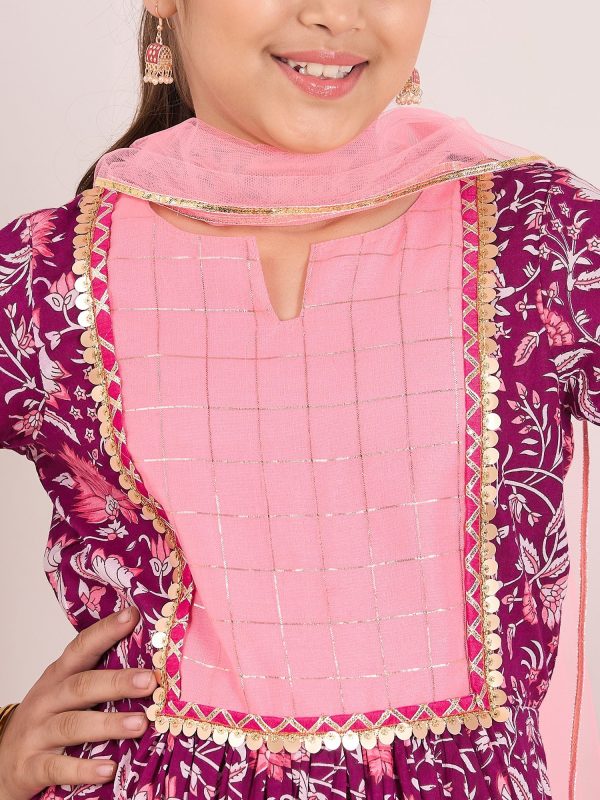 Girls Purple Ethnic Motifs Printed Pleated Pure Cotton Kurta With Trousers & With Dupatta for Kids - Mini Marvels Online