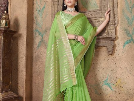 NOZ2TOZ Women s Party Wear Weaving Work Linen Saree with Un Stitched Blouse - Green For Discount