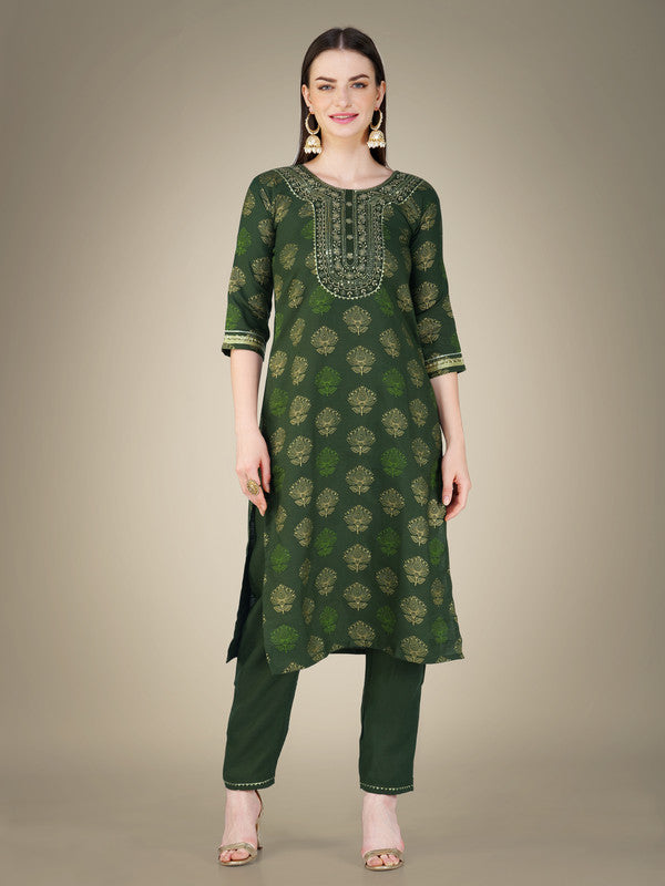 Malishka Women s Embroidered Cotton Blend Kurta Pant Dupatta Set-Dark Green Cheap