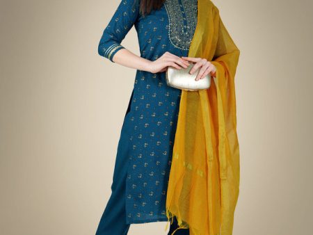 Malishka Women s Embroidered Cotton Blend Kurta Pant Dupatta Set-Blue Supply