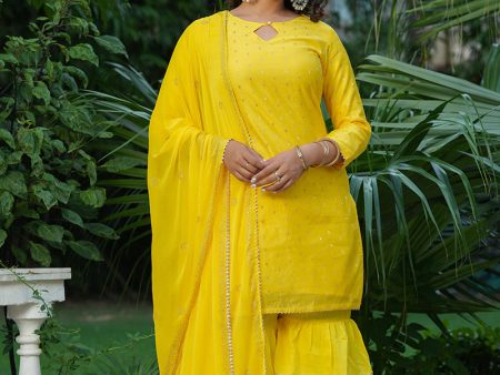 Women s Yellow Poly Chanderi Straight Sharara Suit Set - Rasiya Sale