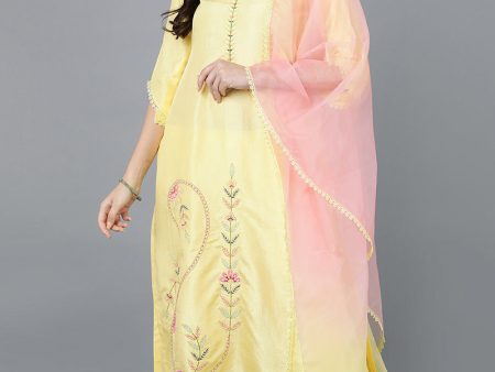 Women s Yellow Poly Silk Straight Kurta Pant With Dupatta - Rasiya Fashion