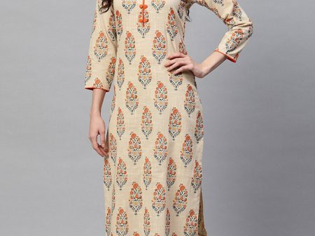 Women s Beige Cotton Ethnic Motifs Kurta Set - Rasiya For Sale