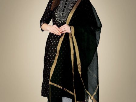 Malishka Women s Embroidered Cotton Blend Kurta Pant Dupatta Set-Black Cheap