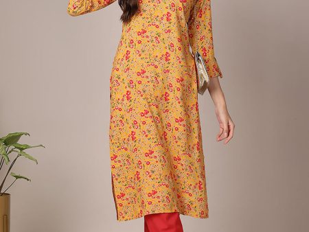 Women s Yellow Viscose Rayon Floral Printed Straight Kurta - Rasiya Hot on Sale