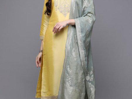 Women s Yellow Poly Silk Floral Straight Suit Set - Rasiya Cheap