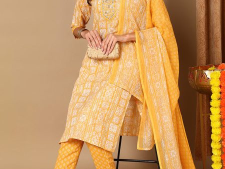 Women s Yellow Poly Cotton Ethnic Motifs Printed Embroidered Straight Suit Set - Rasiya on Sale