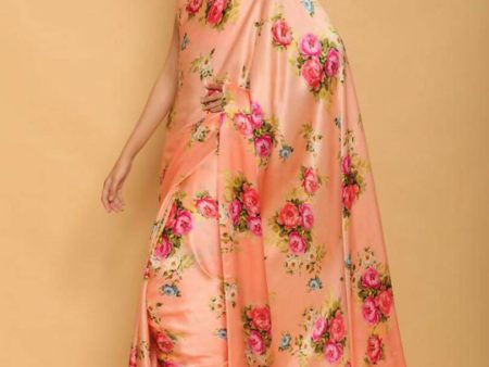 Aastha Fashion Women s Peach Digital Printed Pure Japan Satin Designer Saree with Blouse For Discount