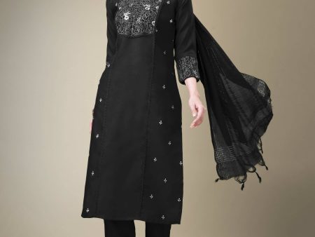 Aastha Fashion Women s Black Cotton Blend Embroidery & Fancy Lace Work Kurta with Trouser & Dupatta Hot on Sale