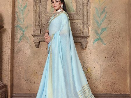 NOZ2TOZ Women s Party Wear Weaving Work Linen Saree with Un Stitched Blouse - Sky Blue For Cheap