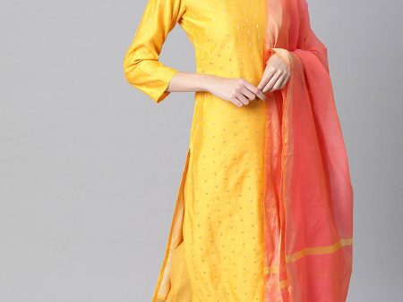 Women s Yellow Polyester Golden Woven Design Straight Suit Set - Rasiya on Sale