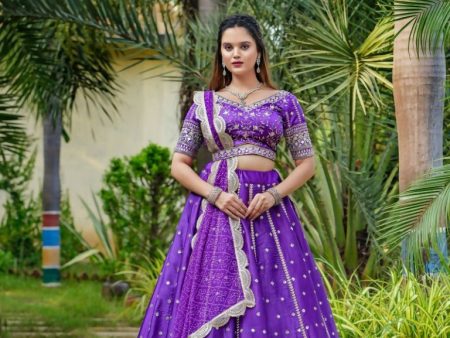 Aastha Fashion Purple Satin Heavy Embroidery Sequence Readymade Traditional Lehenga Choli Set Fashion