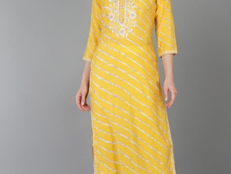 Women s Yellow Silk Blend Yoke Design Striped Printed Straight Kurta - Rasiya Supply