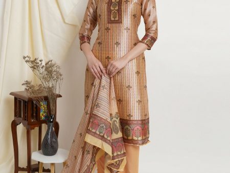 Aastha Fashion Women s Beige Silk Blend Stripe Print with Floral Digital Print & Crystal work Designer Straight Suit Set For Discount