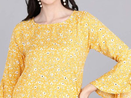 Women s Yellow Poly Crepe Floral Print Top - Rasiya Online