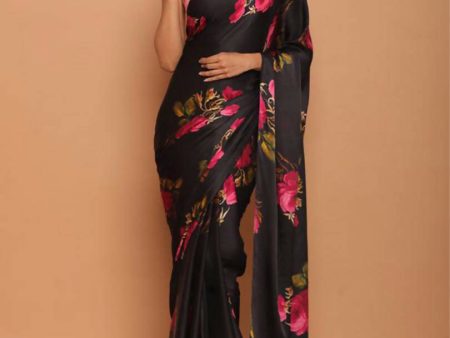 Aastha Fashion Women s Black Digital Printed Pure Japan Satin Designer Saree with Blouse For Cheap