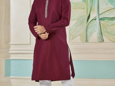 Aastha Fashion Men s Maroon Viscose Embroidered Party Wear Kurta with Pajama Discount