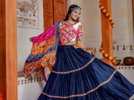 Aastha Fashion Blue Rayon Ready Mirror Lace work Readymade Traditional Lehenga Choli Set For Discount