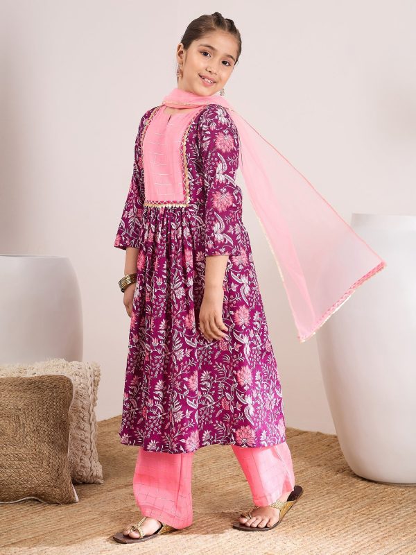 Girls Purple Ethnic Motifs Printed Pleated Pure Cotton Kurta With Trousers & With Dupatta for Kids - Mini Marvels Online