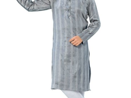 Aastha Fashion Men s Grey Jacquard Silk Sequence Work Party Wear Kurta with Pajama For Cheap