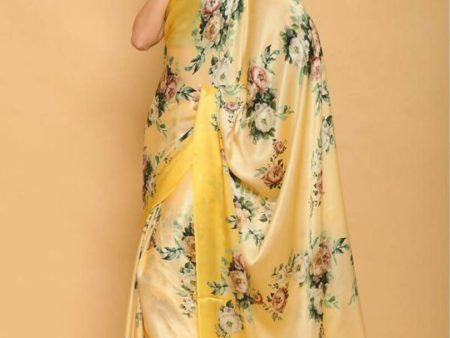 Aastha Fashion Women s Yellow Digital Printed Pure Japan Satin Designer Saree with Blouse Online now