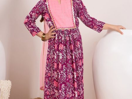 Girls Purple Ethnic Motifs Printed Pleated Pure Cotton Kurta With Trousers & With Dupatta for Kids - Mini Marvels Online