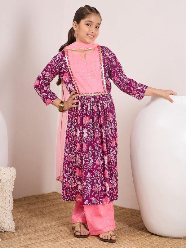 Girls Purple Ethnic Motifs Printed Pleated Pure Cotton Kurta With Trousers & With Dupatta for Kids - Mini Marvels Online