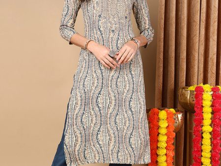 Women s Beige Viscose Rayon Abstract Printed Straight Kurta - Rasiya Online