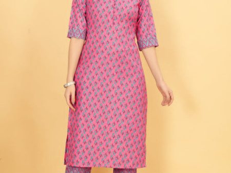 Malishka Pink Cotton Blend Printed Kurta Pant Set For Cheap