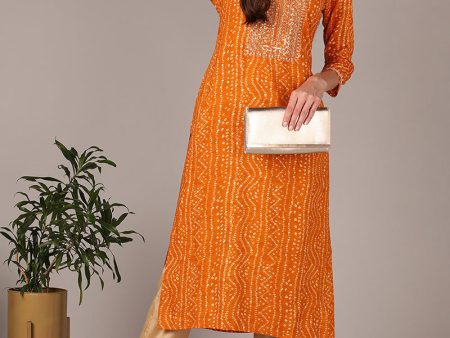 Women s Yellow Viscose Rayon Bandhani Embroidered Straight Kurta - Rasiya Fashion