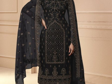 Aastha Fashion Women s Black Net Floral Cording with Crystal Cutwork Designer Straight Suit Set Discount