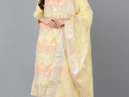 Women s Yellow Poly Chanderi Woven Design Kurta Pant With Dupatta - Rasiya Online Sale