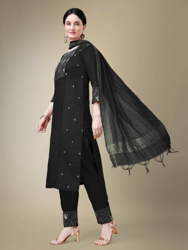 Aastha Fashion Women s Black Cotton Blend Embroidery & Fancy Lace Work Kurta with Trouser & Dupatta Hot on Sale