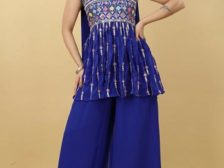 Aastha Fashion Women s Blue Georgette Embroidery with Sequence work Party Wear Sharara Set Cheap