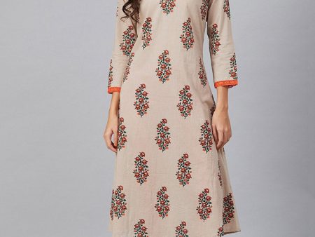 Women s Beige Cotton A-Line Kurta - Rasiya Online