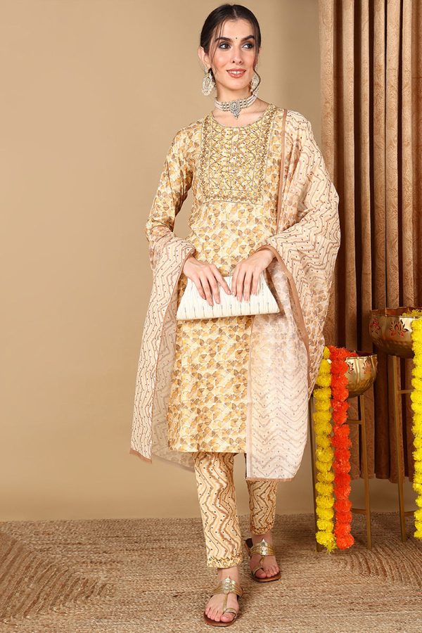 Women s Beige Pure Cotton Geometric Printed Suit Set - Rasiya Online