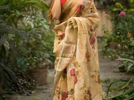 Aastha Fashion Women s Beige Digital Printed Munnar Slub Designer Saree with Blouse Fashion