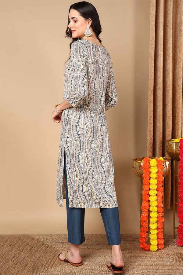 Women s Beige Viscose Rayon Abstract Printed Straight Kurta - Rasiya Online