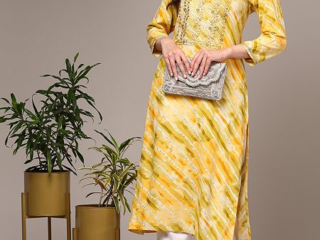 Women s Yellow Viscose Rayon Leheriya Printed Straight Kurta - Rasiya Online now